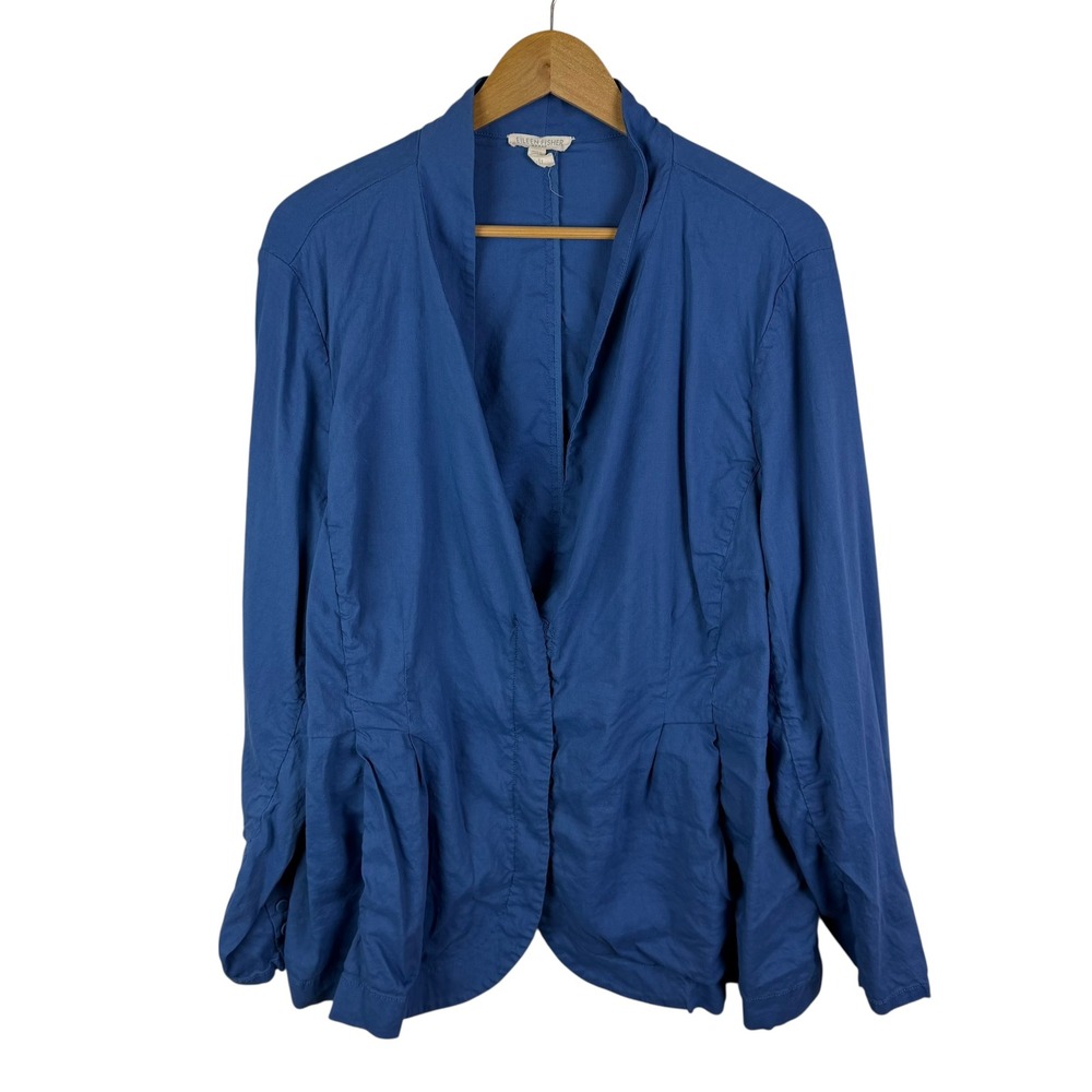 Eileen Fisher Woman Blue Organic Linen Blend Zip Up Pleated Jacket 3X Minimalist - Picture 1 of 10